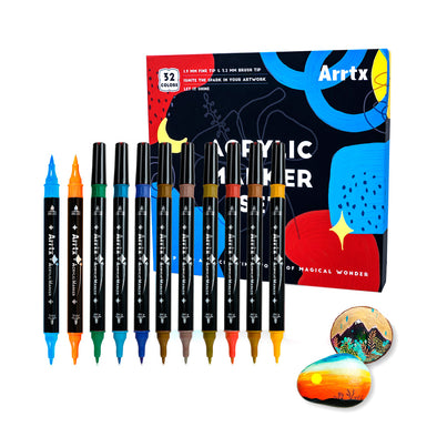 ARRTX MARCADORES ACRÍLICOS DE DOBLE PUNTA PINCEL & FINA 32 COLORES