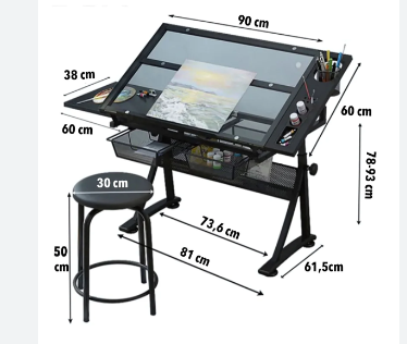 Mesa de Dibujo Profesional Negra Tablero de Vidrio Ajustable