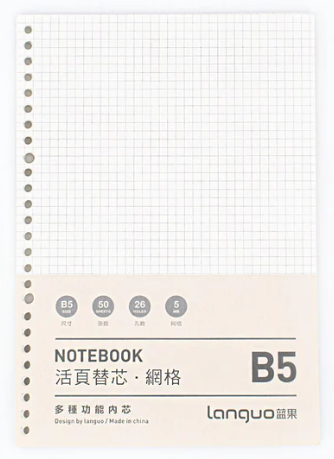 Set de hojas repuesto cuadriculado cuaderno binder tamaño B5 Deli